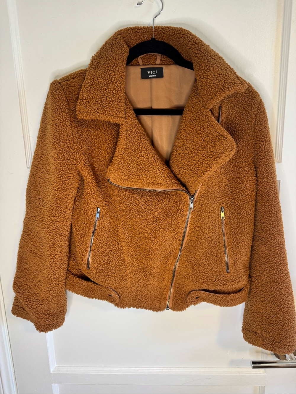 VICI Camel Brown Teddy Sherpa Moto Jacket Size Medium